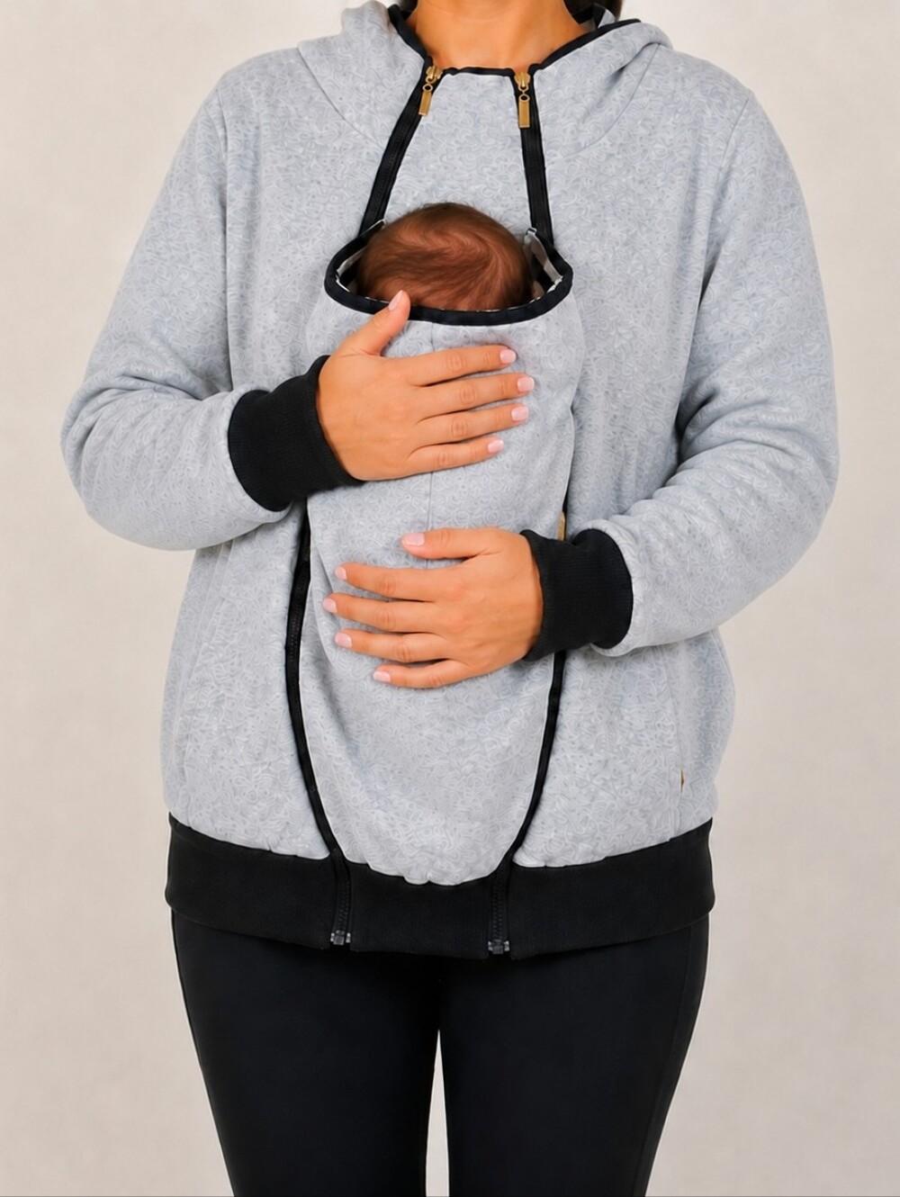 Grey Hooded Women's Sweatshirt with Black Trim and baby pouch